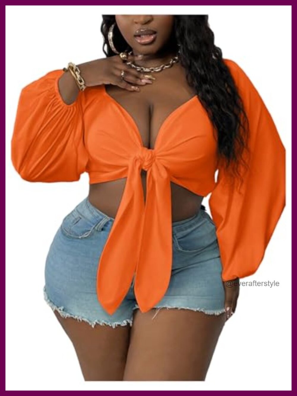 Plus Size Deep V Neck Tie Front Long Sleeve Crop Top Bishop Sleeve Blouse